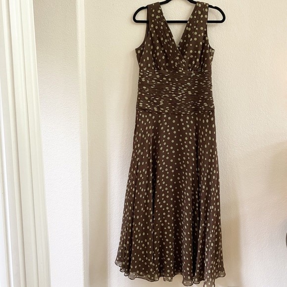 Suzi Chin Womens Size 10 Brown Green Polka Dot Empire Waist Silk Dress - Picture 6 of 16